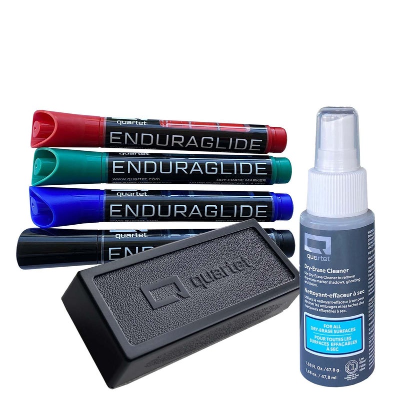 Quartet Dry Erase Markers Accessory Kit, Includes 4 Chisel Point EnduraGlide Dry Erase Markers, Whiteboard Eraser & White Board Cleaning Spray Bottle, for Teachers, Home, School & Office (5001M-4SK) - Image 1