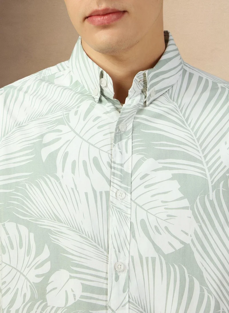 Dennis Lingo Men's Sage Green 100% Cotton Printed Button Down Relaxed Fit Shirt