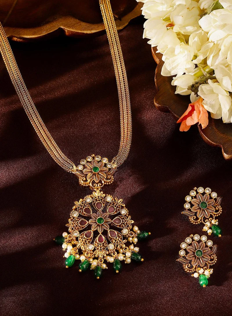 ISHIN Floral Style Green Beads Warm Metallic Plated necklace Mini Drop Earrings Jewellery Set