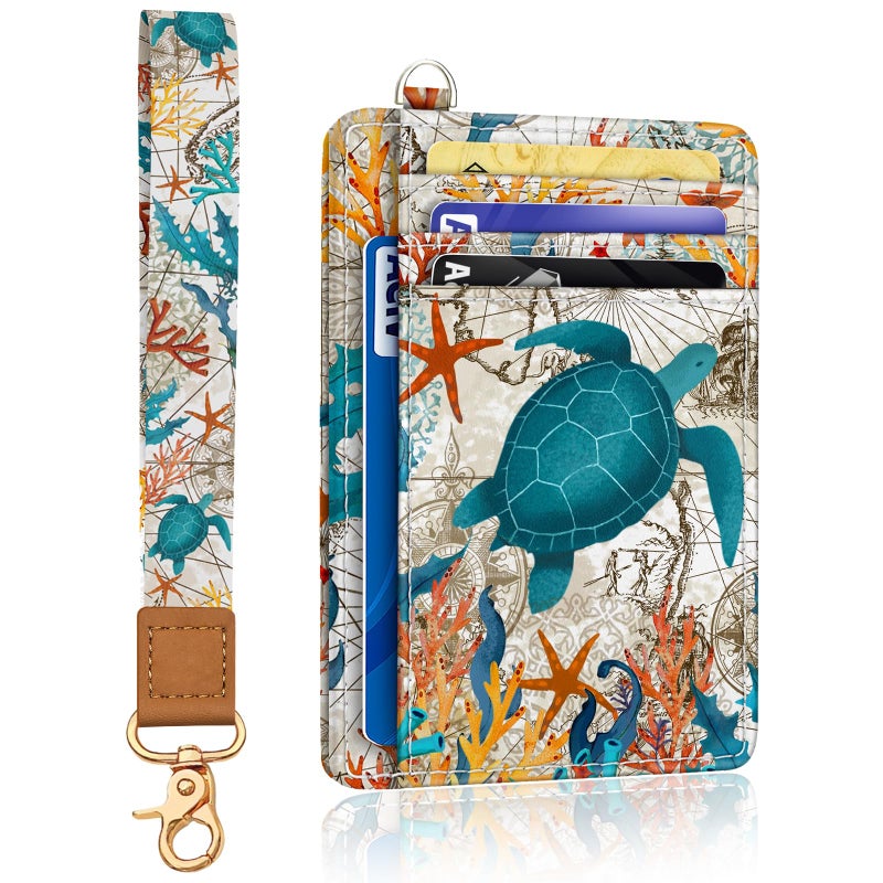 Yonlevres Sea Turtle Credit Card Holder Slim Wallet, RFID Wallet Women Front Pocket Wristlet Lanyard, Small Card Holder Travel Cute Thin ID Window PU Leather Funny Case Organizer Gifts Girls - Image 1