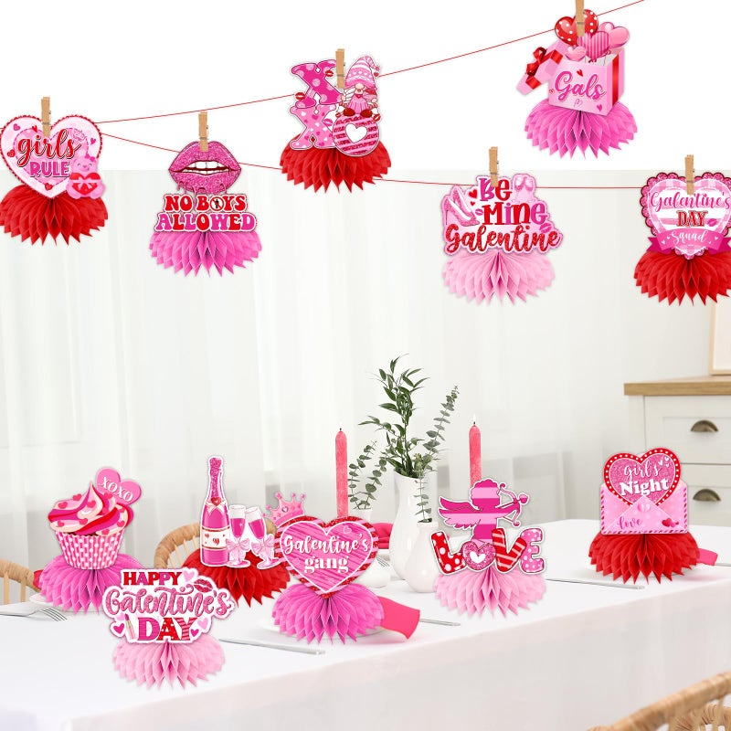 TEMYAXU Galentines Day Decorations Honeycomb Centerpieces, 12Pcs Pink Glitter XOXO Girls Gang Galentines Day Table Decorations, 3D Double Side Galentine's Day Table Centerppices for Girl Lady Party - Image 3