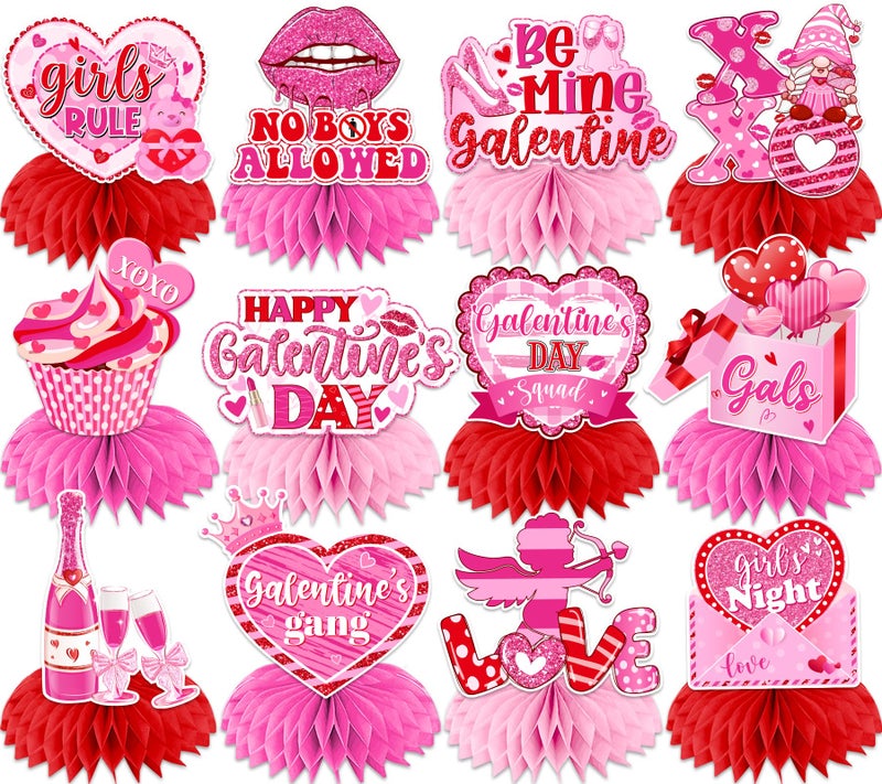 TEMYAXU Galentines Day Decorations Honeycomb Centerpieces, 12Pcs Pink Glitter XOXO Girls Gang Galentines Day Table Decorations, 3D Double Side Galentine's Day Table Centerppices for Girl Lady Party - Image 1