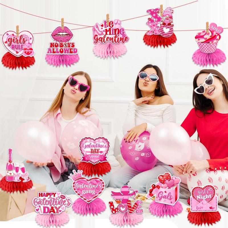 TEMYAXU Galentines Day Decorations Honeycomb Centerpieces, 12Pcs Pink Glitter XOXO Girls Gang Galentines Day Table Decorations, 3D Double Side Galentine's Day Table Centerppices for Girl Lady Party - Image 2