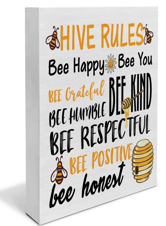 YIDOU Country Hive Rules Wood Box Sign Decor Desk Sign Be Happy Be You Hive Quote Wooden Box Block Sign Rustic Home Shelf Wall Decoration - Image 1