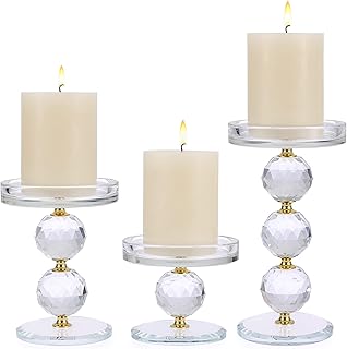 OwnMy Set of 3 Gold Crystal Glass Pillar Candlestick Holders Votive Candle Holder Set, Clear Glass Tea Light Candle - Image 1
