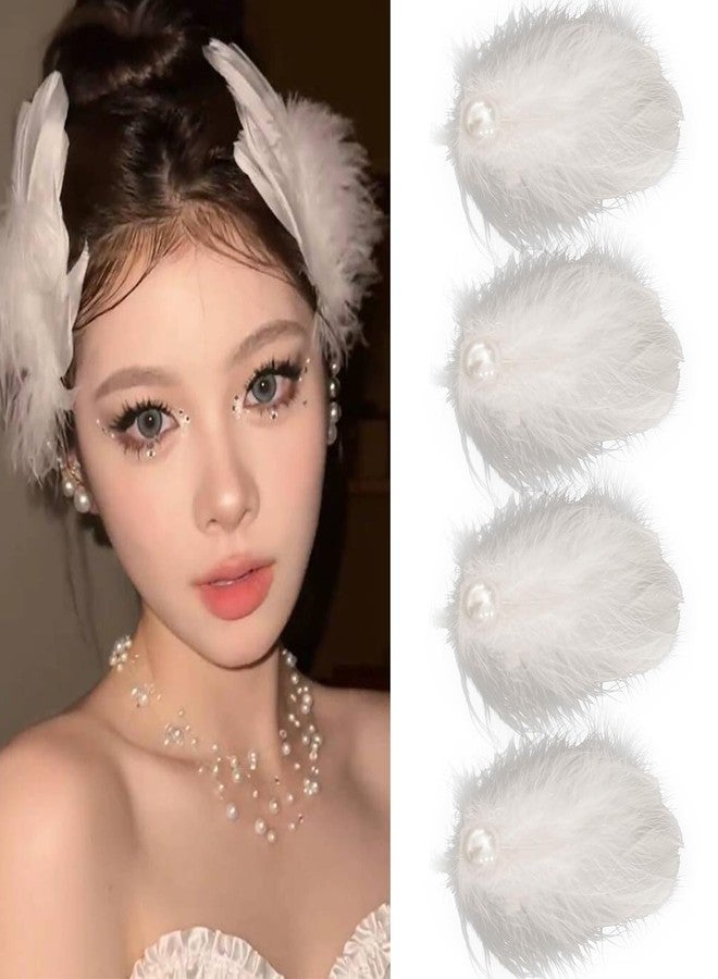RUSTAMM 4Pcs White Feather Hair Clip Artificial Swan Ostrich Feather Faux Pearl Ballet Style Hair Pins Accessories for Women Girls Bride Party Festival Stage Performance Headpiece - Image 1