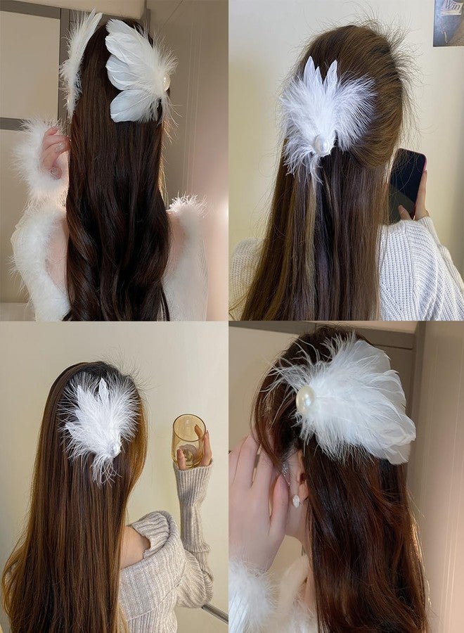 RUSTAMM 4Pcs White Feather Hair Clip Artificial Swan Ostrich Feather Faux Pearl Ballet Style Hair Pins Accessories for Women Girls Bride Party Festival Stage Performance Headpiece - Image 2