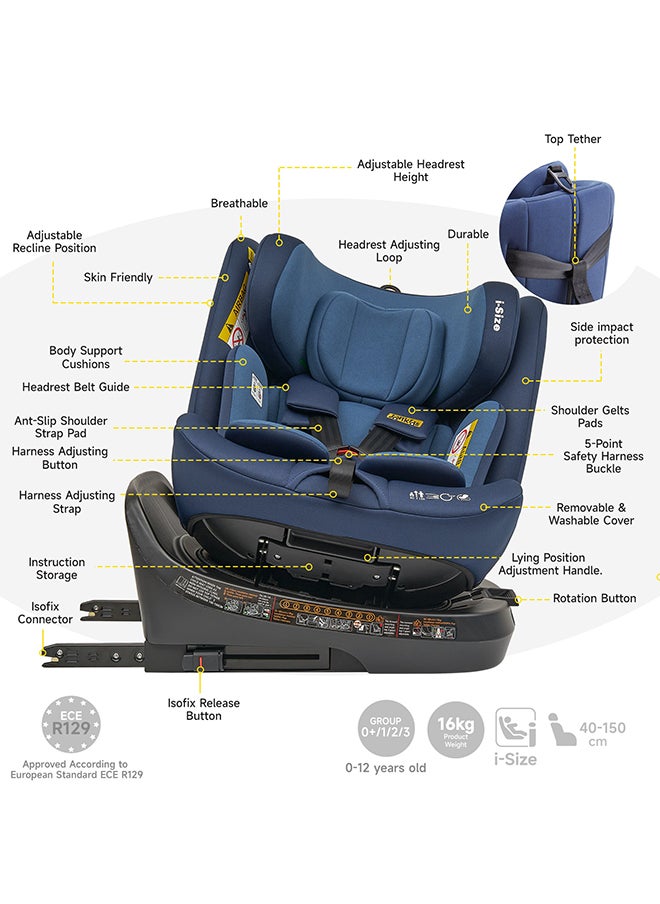 Jovikids - Rotating Ranger TT ISOFIX Car Seat 360° For Baby, 40-150 CM, 0 - 12 Years, ECE R129/E4 I-Size, Fixations ISOFIX, Top Tether - Blue - Image 1