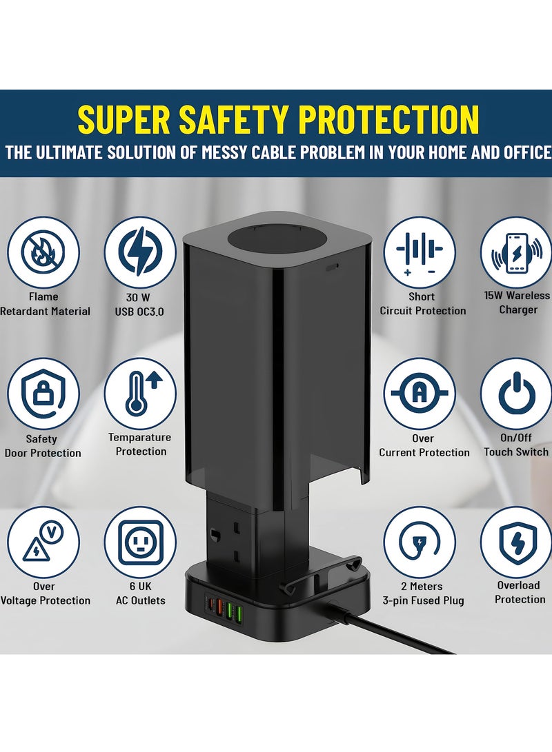 KASTWAVE Tower Extension Lead with USB Slots 2M Multi Plug Extension 6 Outlets and 1 Type C & 3 USB Ports Wireless Charging Extension Lead with Widely Spaced Outlets for Home, Office, Kitchen - Image 2