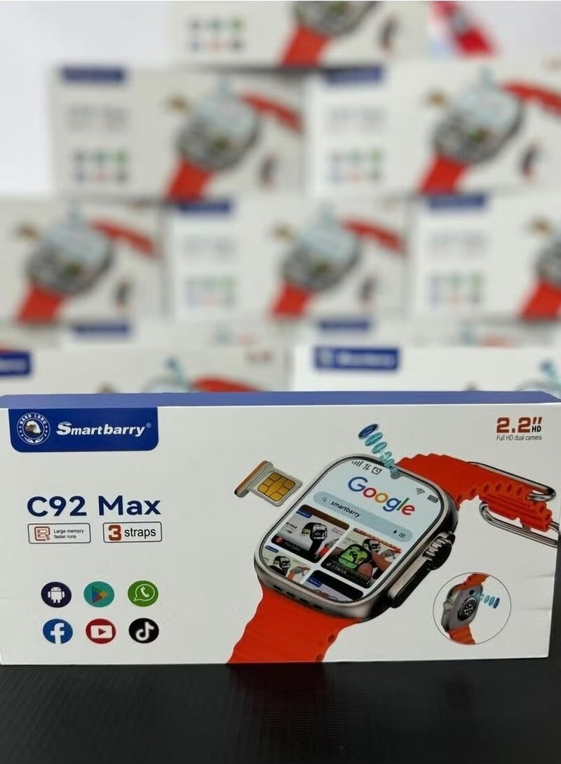 Smartbarry "C92 Max Android Smartwatch with SIM Card Support – 1.75" Touch Screen, Fitness Tracker, Heart Rate & Sleep Monitoring, Multi-Sport Modes, Waterproof, Calls & Messaging, Bluetooth & GPS – Compatible with Android & iOS, Black"