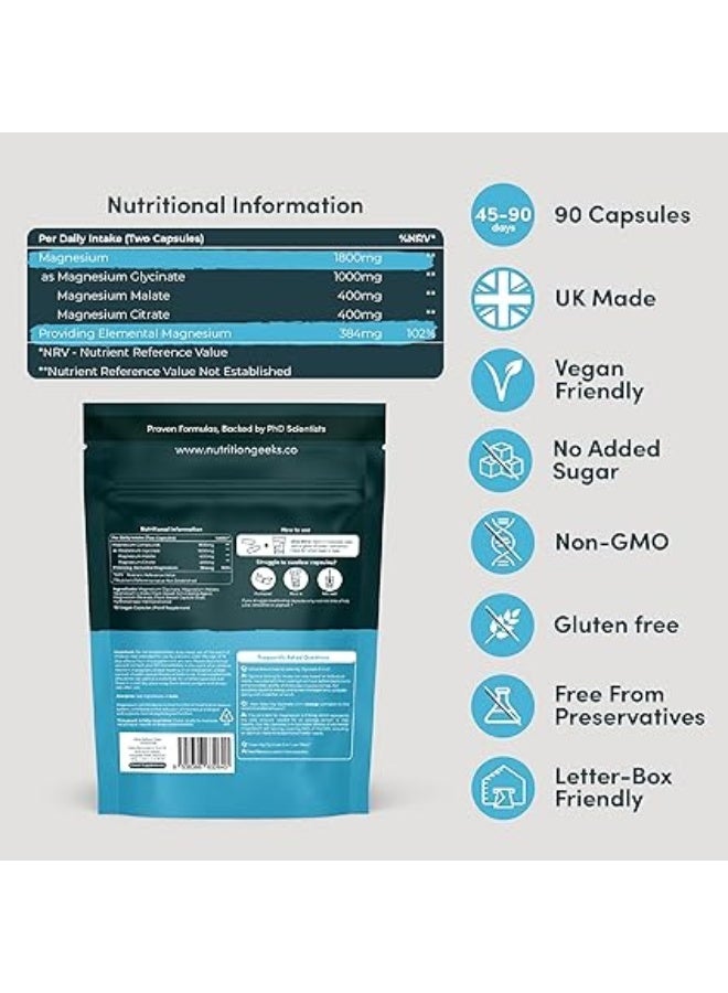 Nutrition Geeks Magnesium Glycinate 3-in-1 Complex - 1800mg Supplements as Bisglycinate, Citrate & Malate 90 Vegan Capsules, Triple High Absorption 384mg Elemental, UK Made - Image 2