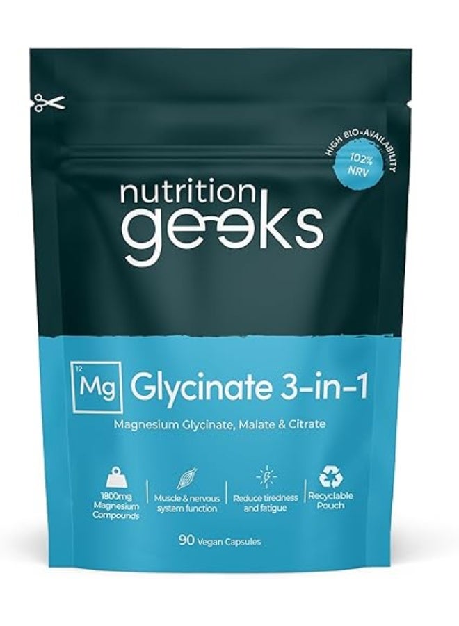 Nutrition Geeks Magnesium Glycinate 3-in-1 Complex - 1800mg Supplements as Bisglycinate, Citrate & Malate 90 Vegan Capsules, Triple High Absorption 384mg Elemental, UK Made - Image 1