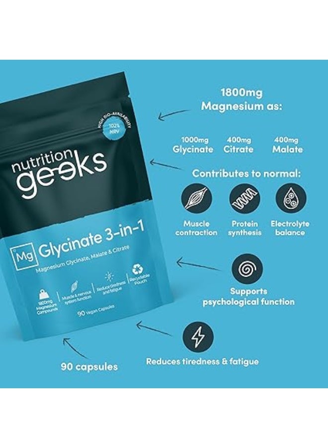 Nutrition Geeks Magnesium Glycinate 3-in-1 Complex - 1800mg Supplements as Bisglycinate, Citrate & Malate 90 Vegan Capsules, Triple High Absorption 384mg Elemental, UK Made - Image 3