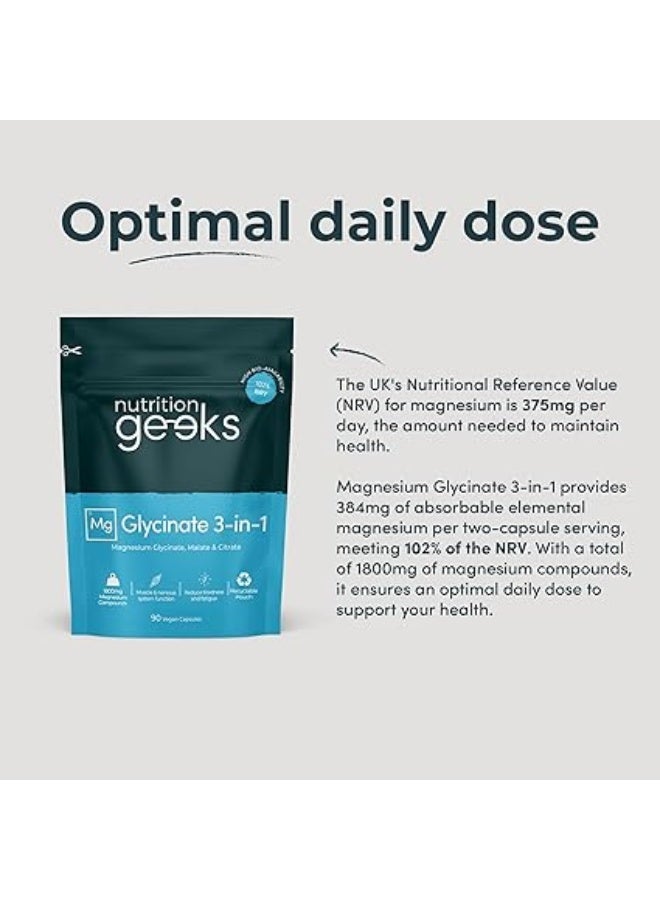 Nutrition Geeks Magnesium Glycinate 3-in-1 Complex - 1800mg Supplements as Bisglycinate, Citrate & Malate 90 Vegan Capsules, Triple High Absorption 384mg Elemental, UK Made - Image 5