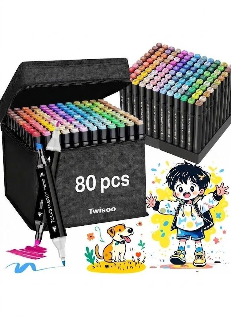 Twisoo Dual Tip Art Markers with Carrying Case – Odorless & Non-Toxic Twin Head Permanent Colouring Marker Pens for Kids, Adults & Beginners for Painting, Sketching, Drawing, Calligraphy (80 Pcs) - Image 1