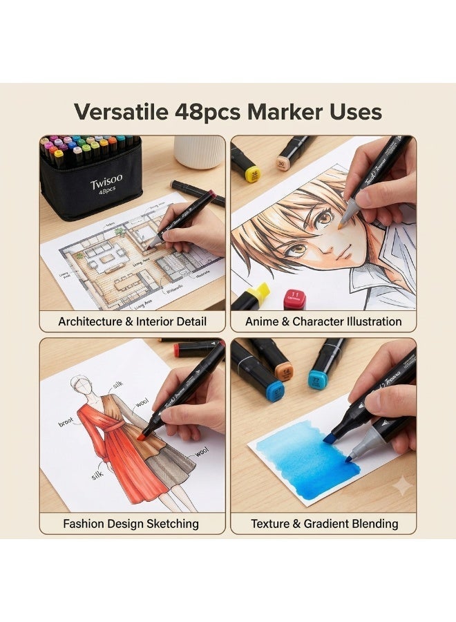 Twisoo Dual Tip Art Markers with Carrying Case – Odorless & Non-Toxic Twin Head Permanent Colouring Marker Pens for Kids, Adults & Beginners for Painting, Sketching, Drawing, Calligraphy (80 Pcs) - Image 2