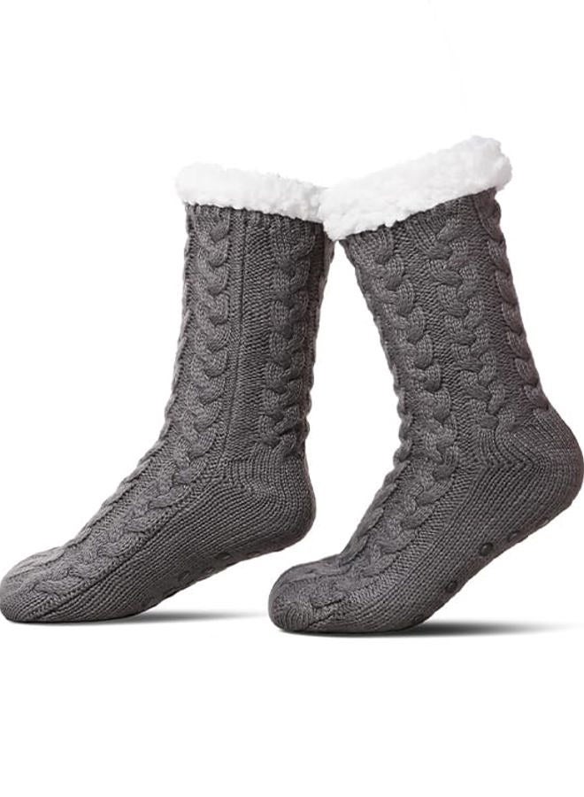 Yafeite Slipper Socks for Women with Grippers Non Slip, Winter Thick Thermal Fuzzy Socks, Warm Cozy Fleece-Lined House Sock, Gray, 6-10 - Image 1