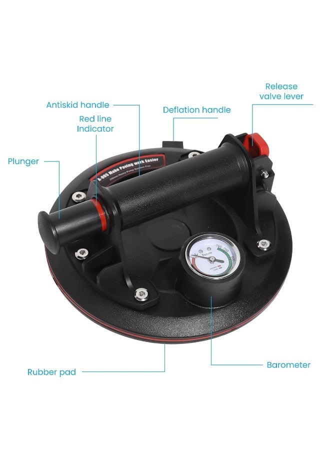 Heavy Duty 7.8 (200mm) Vacuum Suction Cup Lifter w/ Pressure Gauge & Red-Line Indicator, 200kg/440lbs Load Capacity | Hand Pump Glass Tile Granite Lifting Tool, Windshield Carrier - Image 2