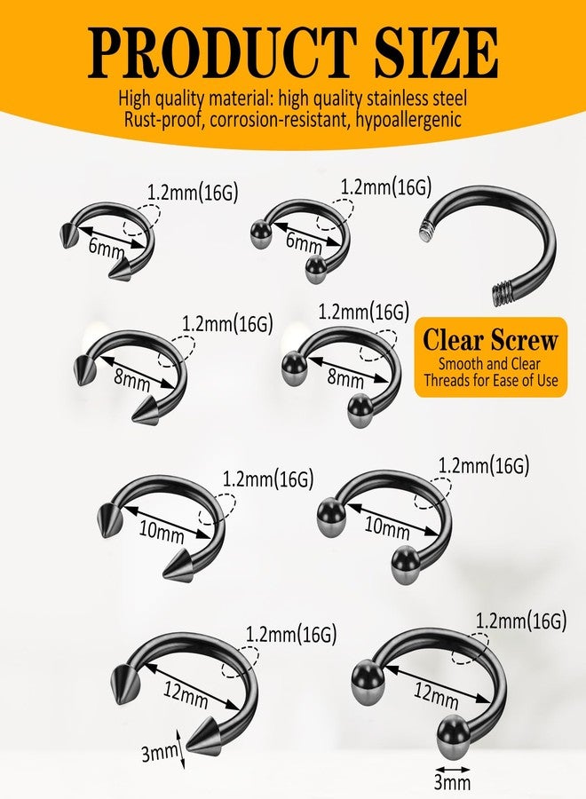 Yolev 8pcs 16G Horseshoe Rings Black Septum Ring Surgical Steel Nose Rings Hoop Septum Ring Cartilage Earrings Nose Eyebrow Tragus Helix Lip Rings Small Septum Piercing Jewelry For Women Men 6/8/10/12mm - Image 2