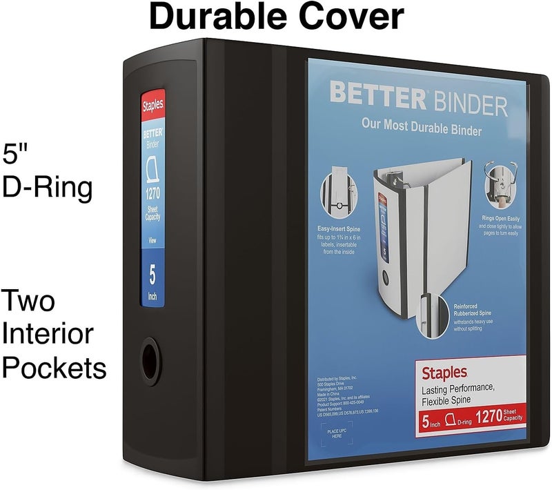 Staples Better Binder, 5" D-Ring, Black – Heavy-Duty 3-Ring Binder with Reinforced Spine, Holds 1050 Sheets for High-Capacity Storage - Image 2