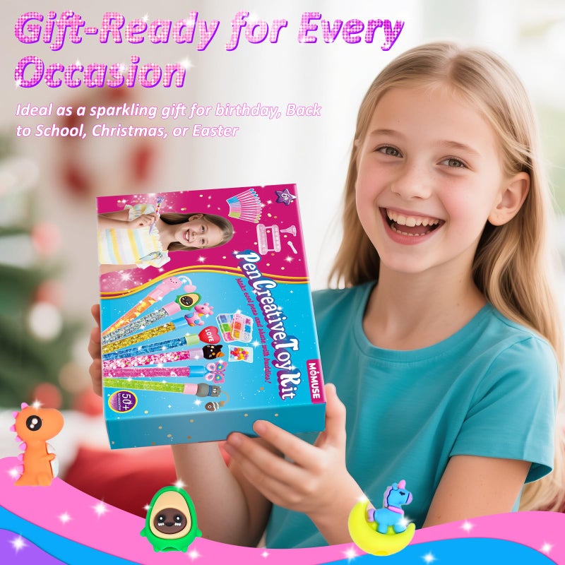 MOMUSE 50 Accessories DIY Pen Making Kit, Fun Pen Creator Studio â€“ Making 12 Sparkly Pens with Sequins Beads, Creative Art Craft Kits Birthday Back School Gift for Kids Tweens Girls 6 7 8 9 10 Years - Image 5
