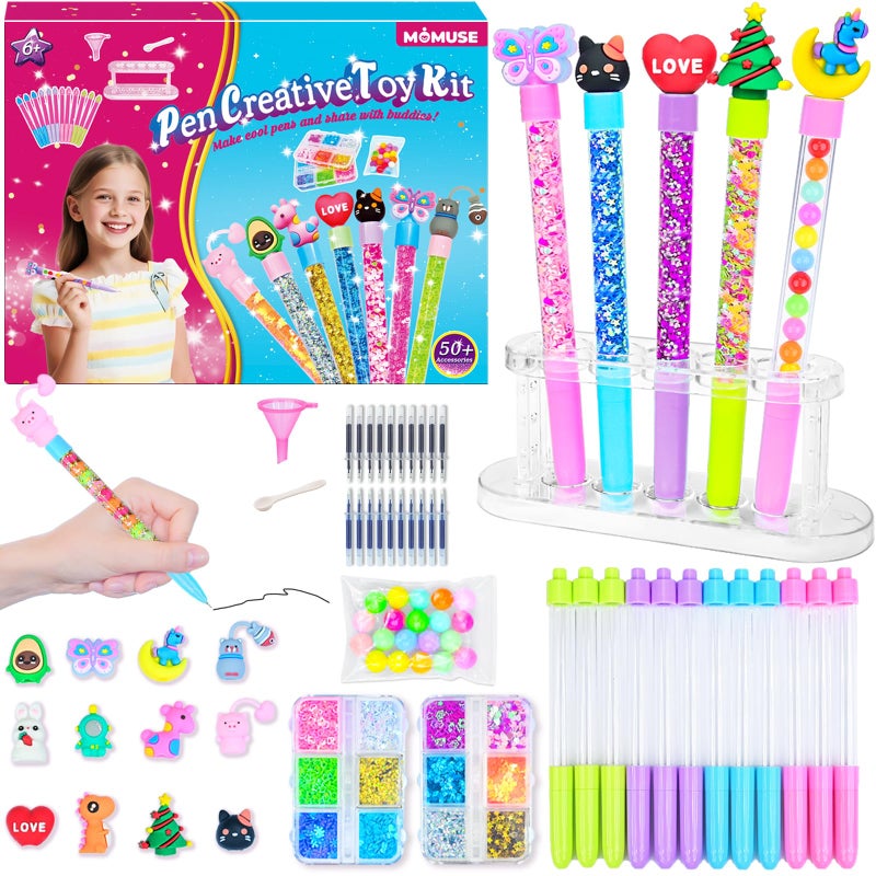 MOMUSE 50 Accessories DIY Pen Making Kit, Fun Pen Creator Studio â€“ Making 12 Sparkly Pens with Sequins Beads, Creative Art Craft Kits Birthday Back School Gift for Kids Tweens Girls 6 7 8 9 10 Years - Image 1
