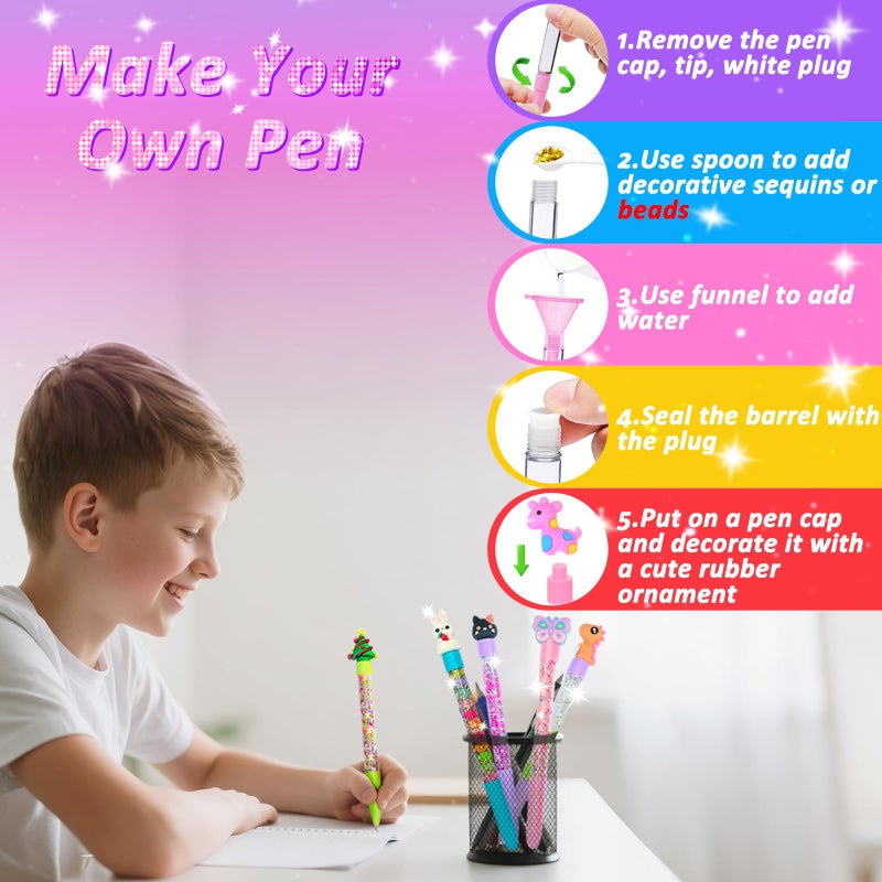 MOMUSE 50 Accessories DIY Pen Making Kit, Fun Pen Creator Studio â€“ Making 12 Sparkly Pens with Sequins Beads, Creative Art Craft Kits Birthday Back School Gift for Kids Tweens Girls 6 7 8 9 10 Years - Image 4