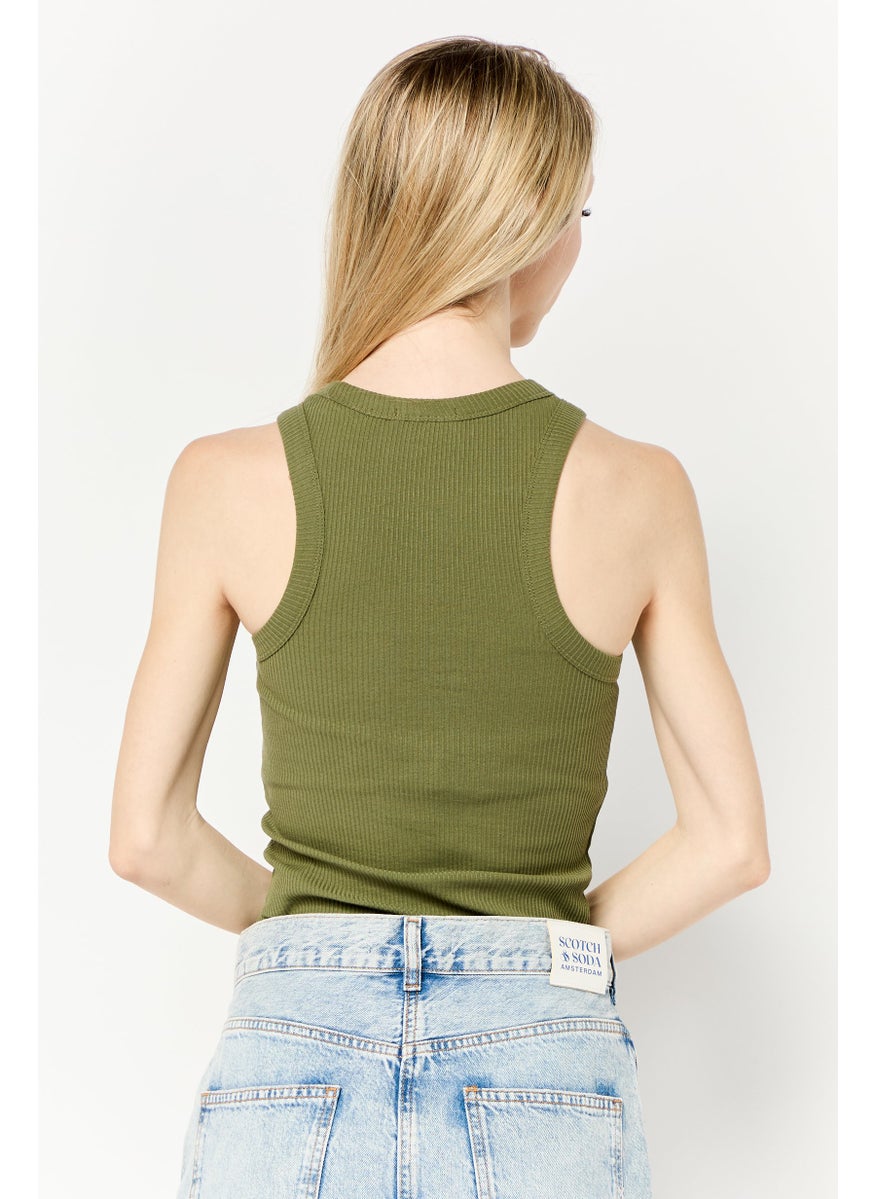 Scotch & Soda Women Round Neck Sleeveless Ribbed Top, Olive  - Image 4