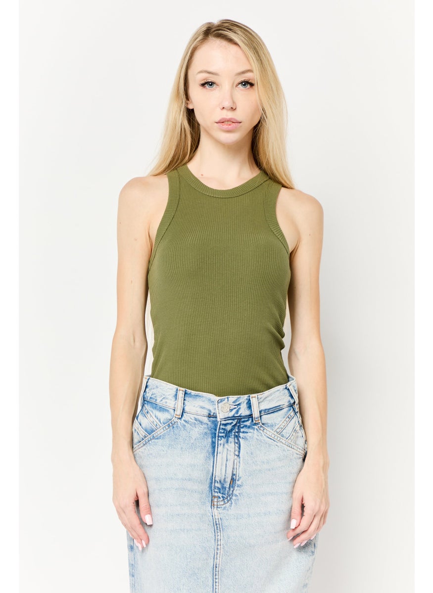 Scotch & Soda Women Round Neck Sleeveless Ribbed Top, Olive  - Image 1