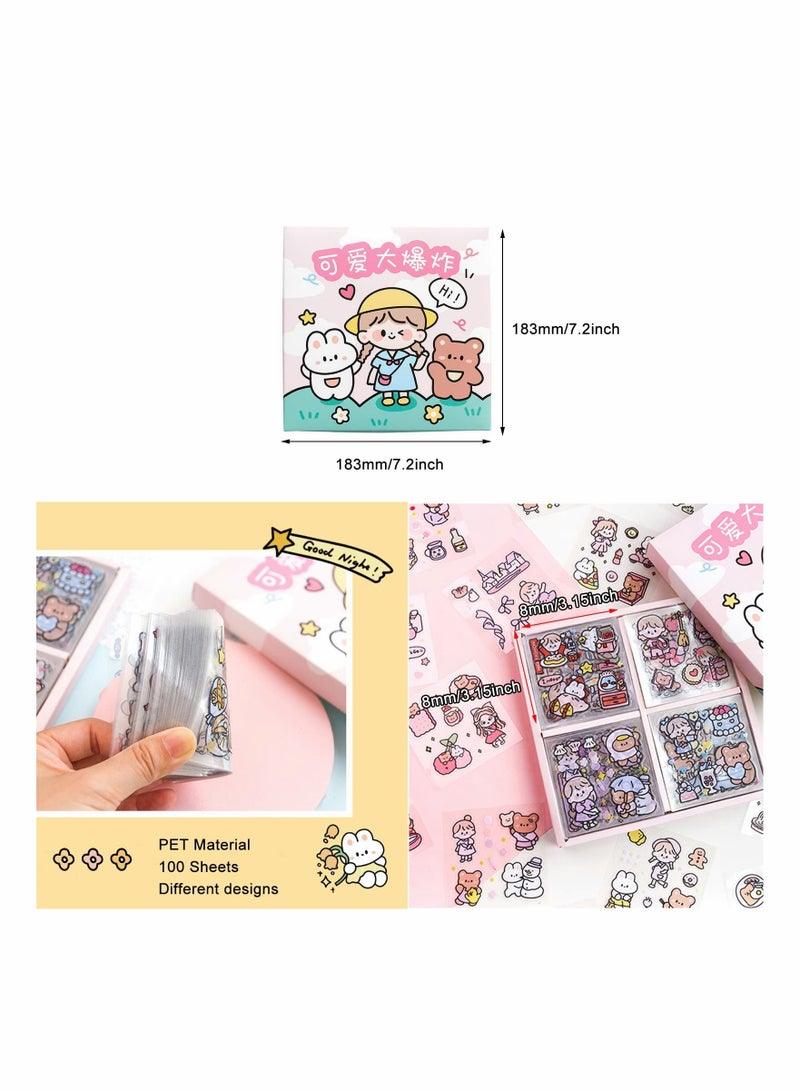 NIBEMINENT Stickers Set, 100 Sheets 600+ Small Pieces Cute PET Transparent Cartoon Character Animal Flower Decorative Scrapbook Sticker Decal for Diary, DIY Arts Crafts, Album, Planners, Calendars and Notebook - Image 3
