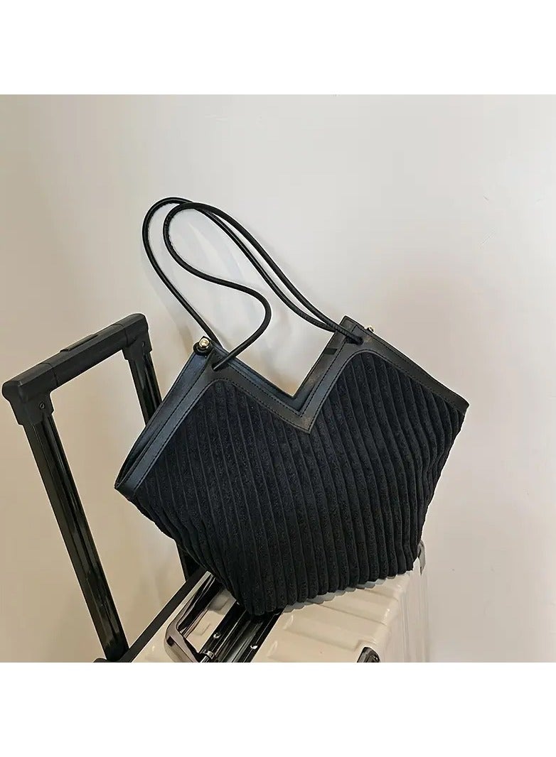 Chia Fashion Striped Pattern Tote Bag, Niche Design V-Shaped Shoulder Bag, Women's Handbag For Commuter, School - Image 1