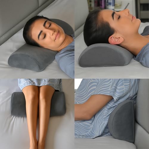 CUSHIO Semi Roll Bolster Pillow | Memory Foam Half Moon Bolster Support Cushion for Neck, Back, Knees & Legs | Ergonomic Orthopedic Pillow with Soft Velvet Cover (Light Grey) Pack of 2 - Image 2