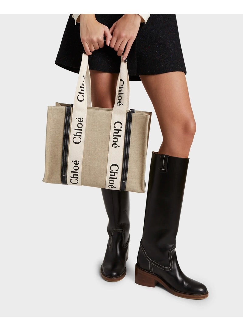 Chloe Woody Medium Women Tote Bag in Linen, Women Shoulder Bag, Women Hand Bag, Women's Travel Bag, Women's Shopping Bag, White-Black - Image 3