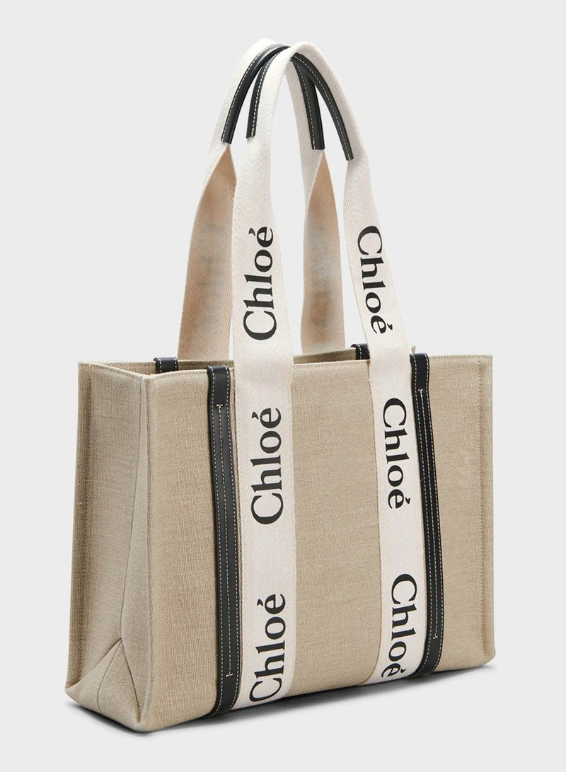 Chloe Woody Medium Women Tote Bag in Linen, Women Shoulder Bag, Women Hand Bag, Women's Travel Bag, Women's Shopping Bag, White-Black - Image 5