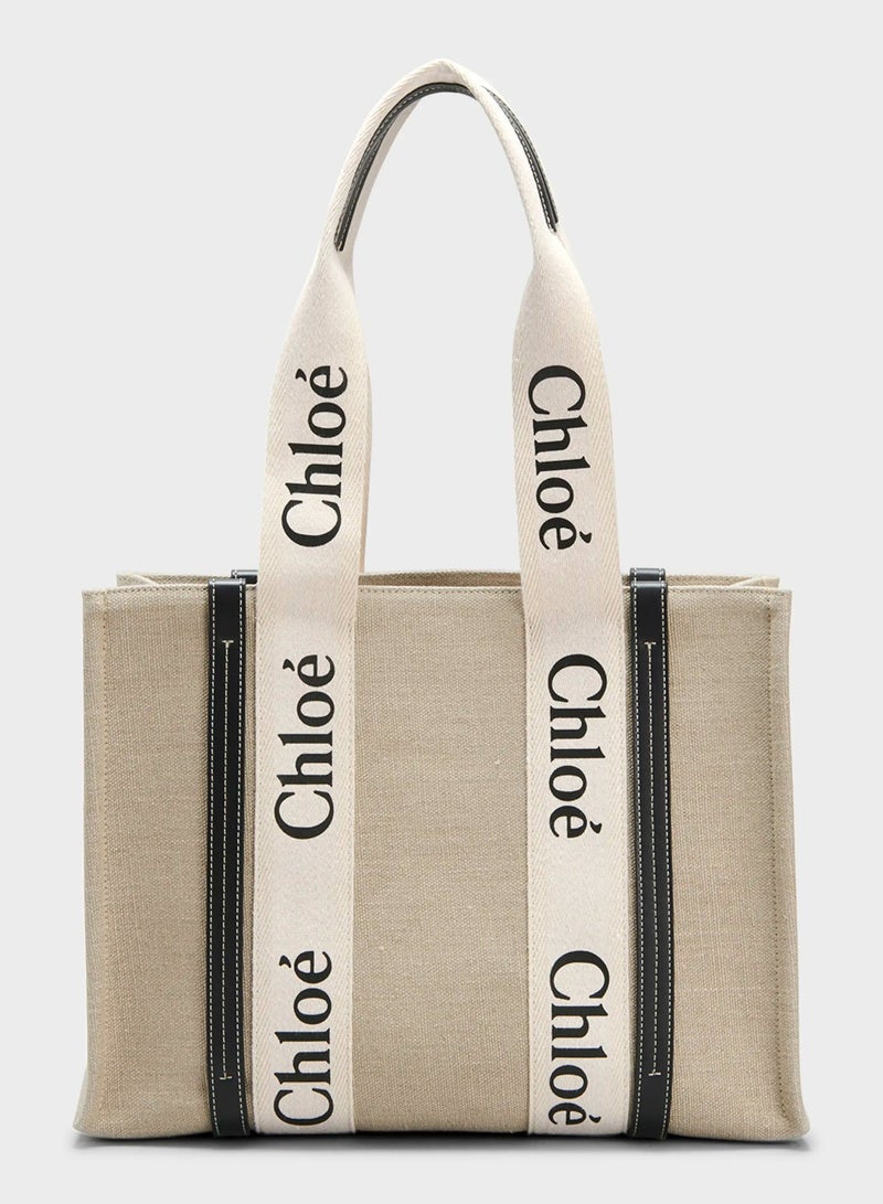 Chloe Woody Medium Women Tote Bag in Linen, Women Shoulder Bag, Women Hand Bag, Women's Travel Bag, Women's Shopping Bag, White-Black - Image 2