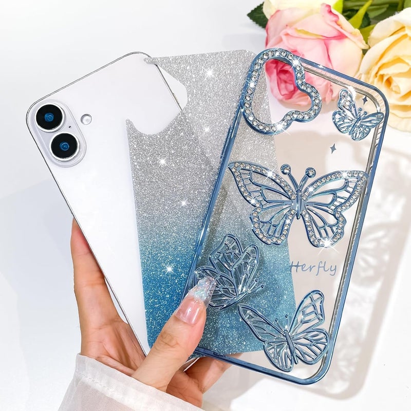 Elzzi Newest Electroplated Butterfly Phone Cover for iPhone16 Plus Case, Showcasing Pearlescent Diamond Soft TPU, Camera Protection, Shockproof, Dropresistant Stylish for Girls & Women (Blue) - Image 5