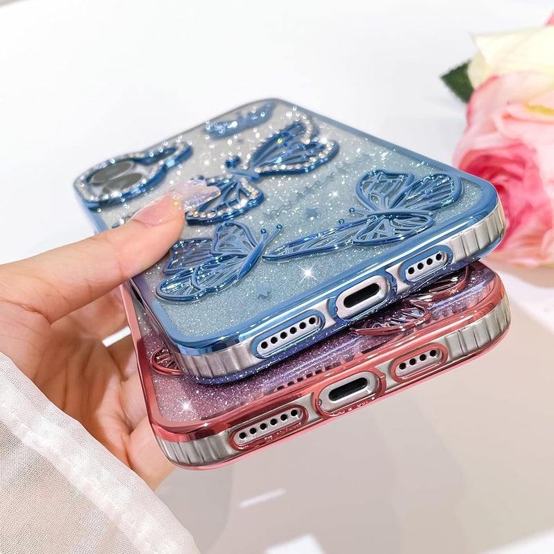 Elzzi Newest Electroplated Butterfly Phone Cover for iPhone16 Plus Case, Showcasing Pearlescent Diamond Soft TPU, Camera Protection, Shockproof, Dropresistant Stylish for Girls & Women (Blue) - Image 4
