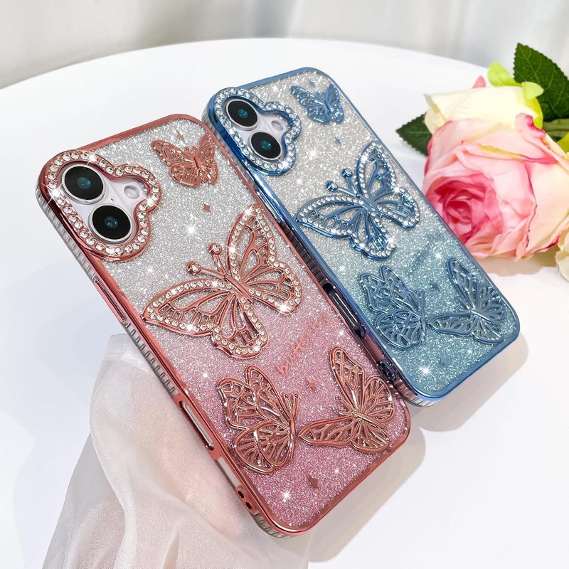 Elzzi Newest Electroplated Butterfly Phone Cover for iPhone16 Plus Case, Showcasing Pearlescent Diamond Soft TPU, Camera Protection, Shockproof, Dropresistant Stylish for Girls & Women (Blue) - Image 2