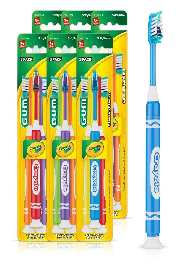 جم فرشاة أسنان للأطفال من ماركة GUM Crayola Marker، مجموعة فرشاة أسنان ناعمة الشعيرات للأطفال من عمر 5 سنوات فما فوق، قاعدة شفط، 3 قطع (عبوة من 6 قطع) - Image 1