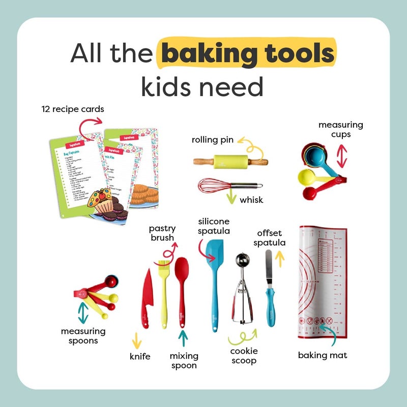 Baketivity Baketivity 31 PCS الأطفال الطبخ والخبز مجموعة مع سكين الأطفال وأدوات الطهي الحقيقية - أدوات كيد آمنة للطبخ وأدوات الطهي - مجموعة الخبز هدية للفتيات والفتيان بما في ذلك سكين النايلون للأطفال  - Image 3