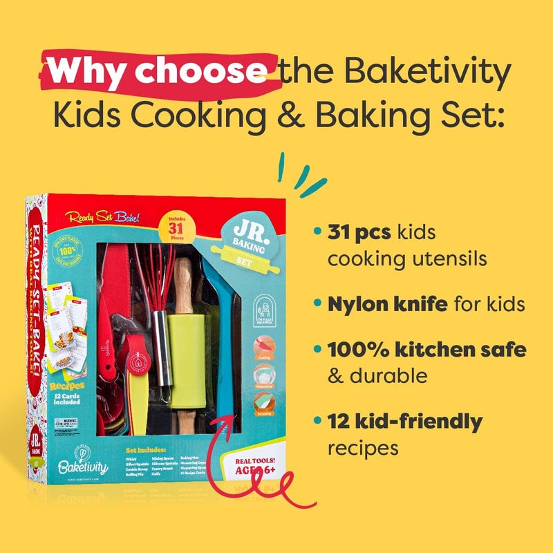 Baketivity Baketivity 31 PCS الأطفال الطبخ والخبز مجموعة مع سكين الأطفال وأدوات الطهي الحقيقية - أدوات كيد آمنة للطبخ وأدوات الطهي - مجموعة الخبز هدية للفتيات والفتيان بما في ذلك سكين النايلون للأطفال  - Image 2