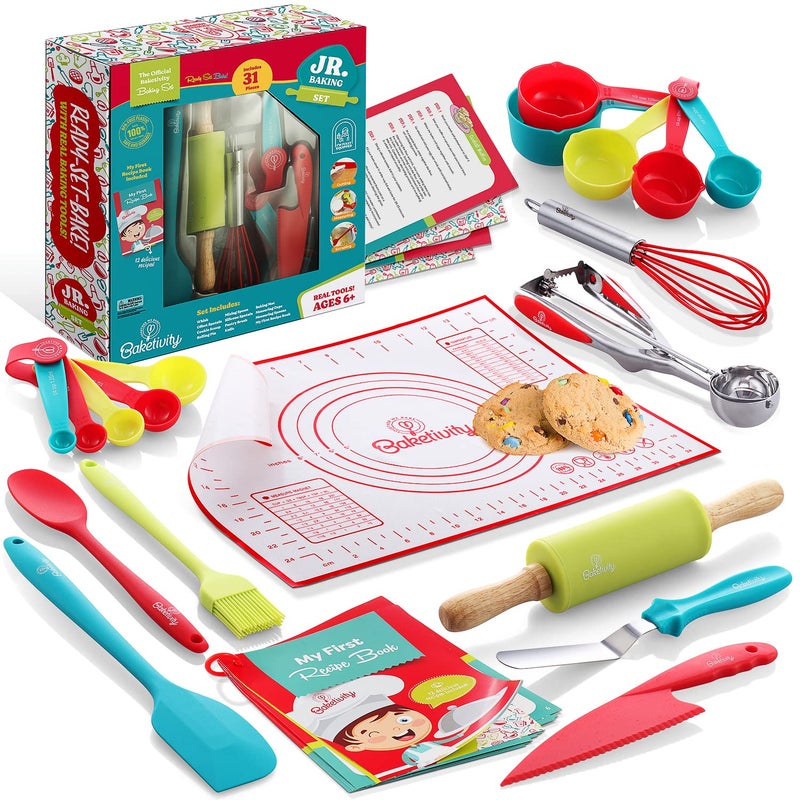 Baketivity Baketivity 31 PCS الأطفال الطبخ والخبز مجموعة مع سكين الأطفال وأدوات الطهي الحقيقية - أدوات كيد آمنة للطبخ وأدوات الطهي - مجموعة الخبز هدية للفتيات والفتيان بما في ذلك سكين النايلون للأطفال  - Image 1