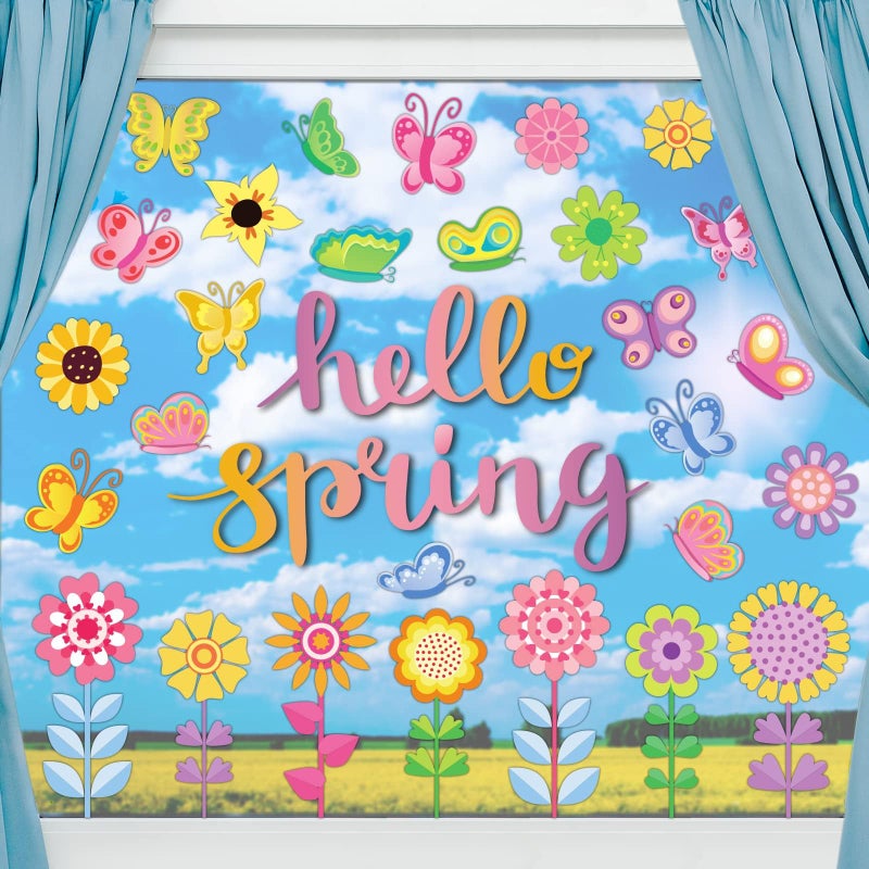 Tevxj 118 Pieces Hello Spring Window Clings Stickers Spring Grow Flower Butterfly Window Decals for School Home Kids Spring Birthday Party Supplies Baby Shower AntiCollision Decoration 