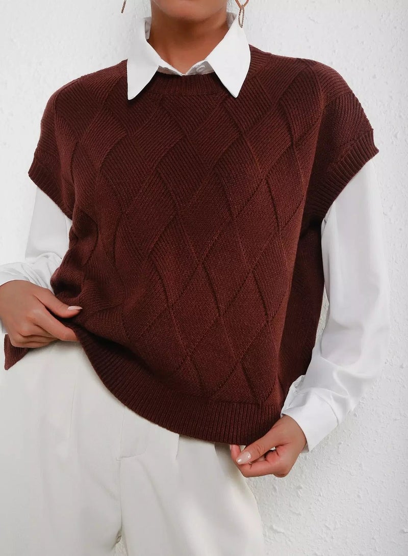 Argyle Pattern Cap Sleeve Rib-knit Top  - Image 1