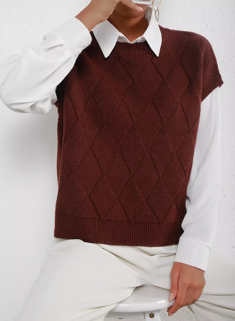 Argyle Pattern Cap Sleeve Rib-knit Top  - Image 5