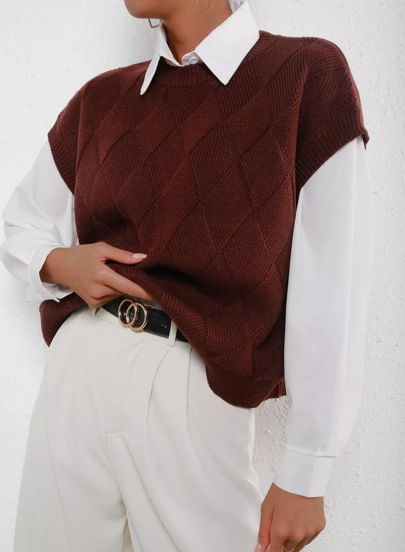 Argyle Pattern Cap Sleeve Rib-knit Top  - Image 3