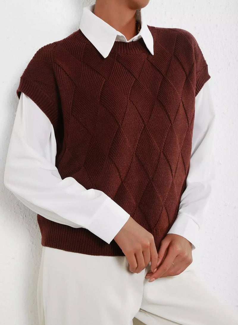 Argyle Pattern Cap Sleeve Rib-knit Top  - Image 4