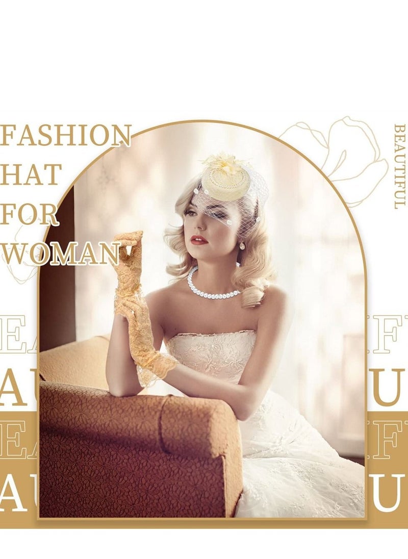 1950s Vintage Fascinator Hat, Faux Feather Mesh Net Hat Tea Party Headwear with Veil and Women Short Lace Gloves Imitation Pearl Necklace, Costume Accessories for Girls and Women Wedding (Apricot)  - Image 2