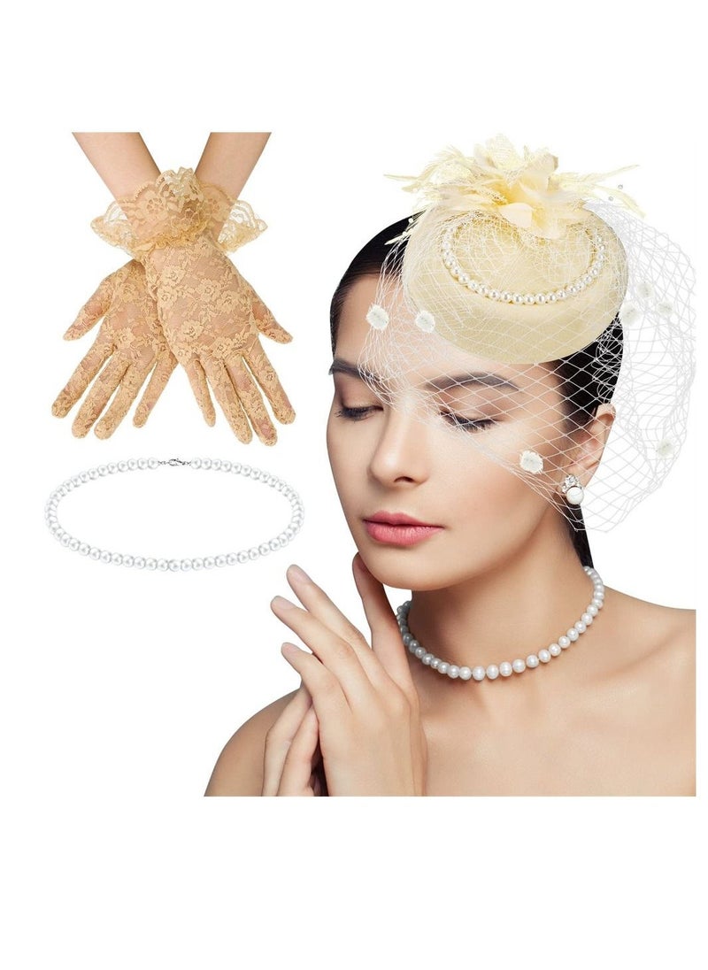 1950s Vintage Fascinator Hat, Faux Feather Mesh Net Hat Tea Party Headwear with Veil and Women Short Lace Gloves Imitation Pearl Necklace, Costume Accessories for Girls and Women Wedding (Apricot)  - Image 1