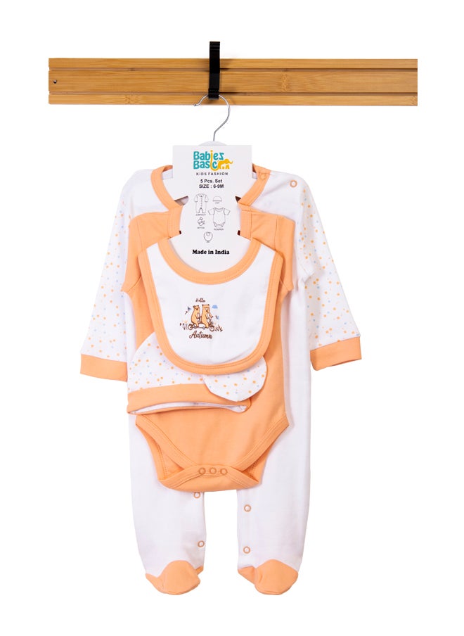 Babies Basic 5 Piece Unisex 100% Cotton Gift Set Include Bib, Romper, Mittens, Cap And Sleepsuit/Jumpsuit- Hello Autumn  - Image 1